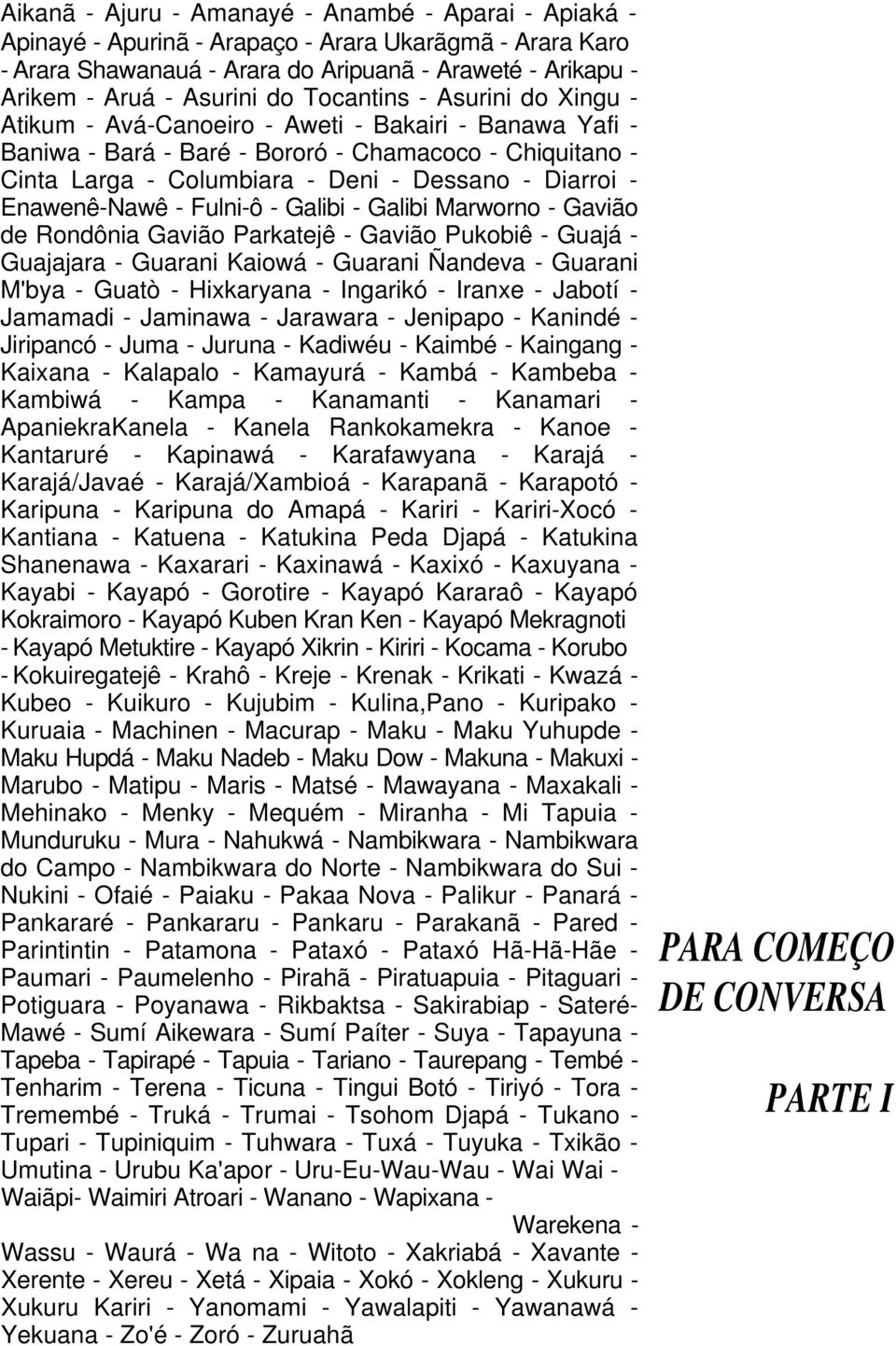 Enawenê-Nawê - Fulni-ô - Galibi - Galibi Marworno - Gavião de Rondônia Gavião Parkatejê - Gavião Pukobiê - Guajá - Guajajara - Guarani Kaiowá - Guarani Ñandeva - Guarani M'bya - Guatò - Hixkaryana -