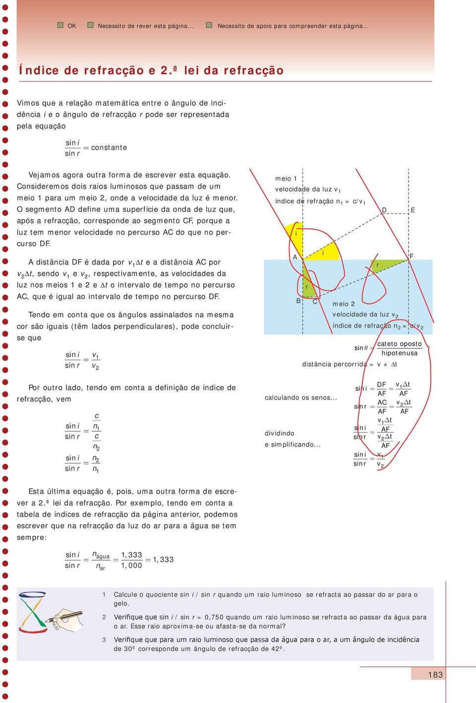 escrever esta equação. Consideremos dois raios luminosos que passam de um meio 1 para um meio 2, onde a velocidade da luz é menor.