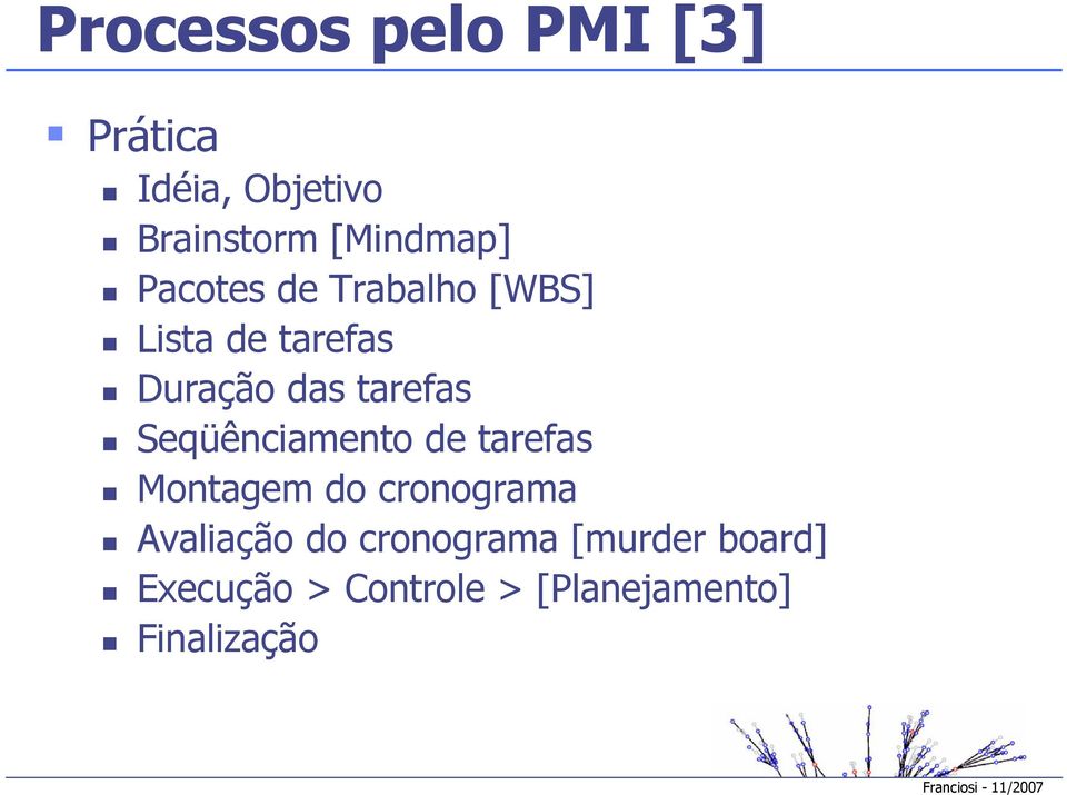 tarefas Seqüênciamento de tarefas Montagem do cronograma Avaliação