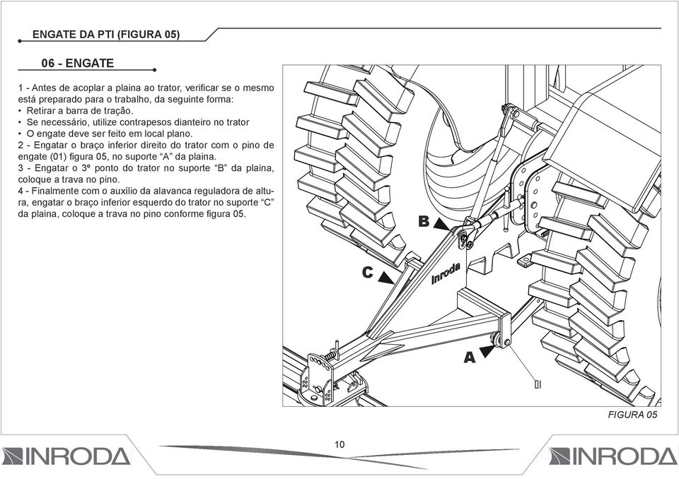 2 - Engatar o braço inferior direito do trator com o pino de engate (01) figura 05, no suporte A da plaina.