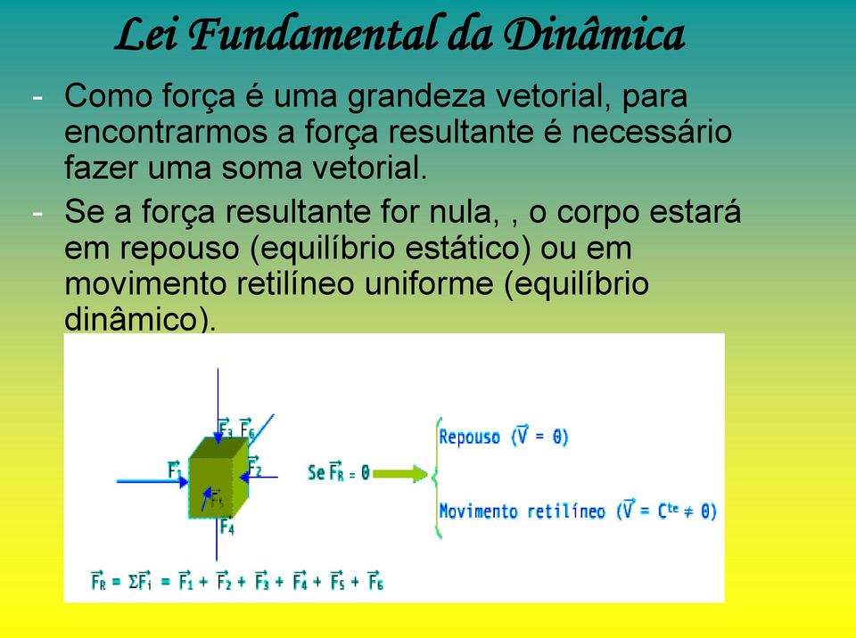 - Se a força resultante for nula,, o corpo estará em repouso