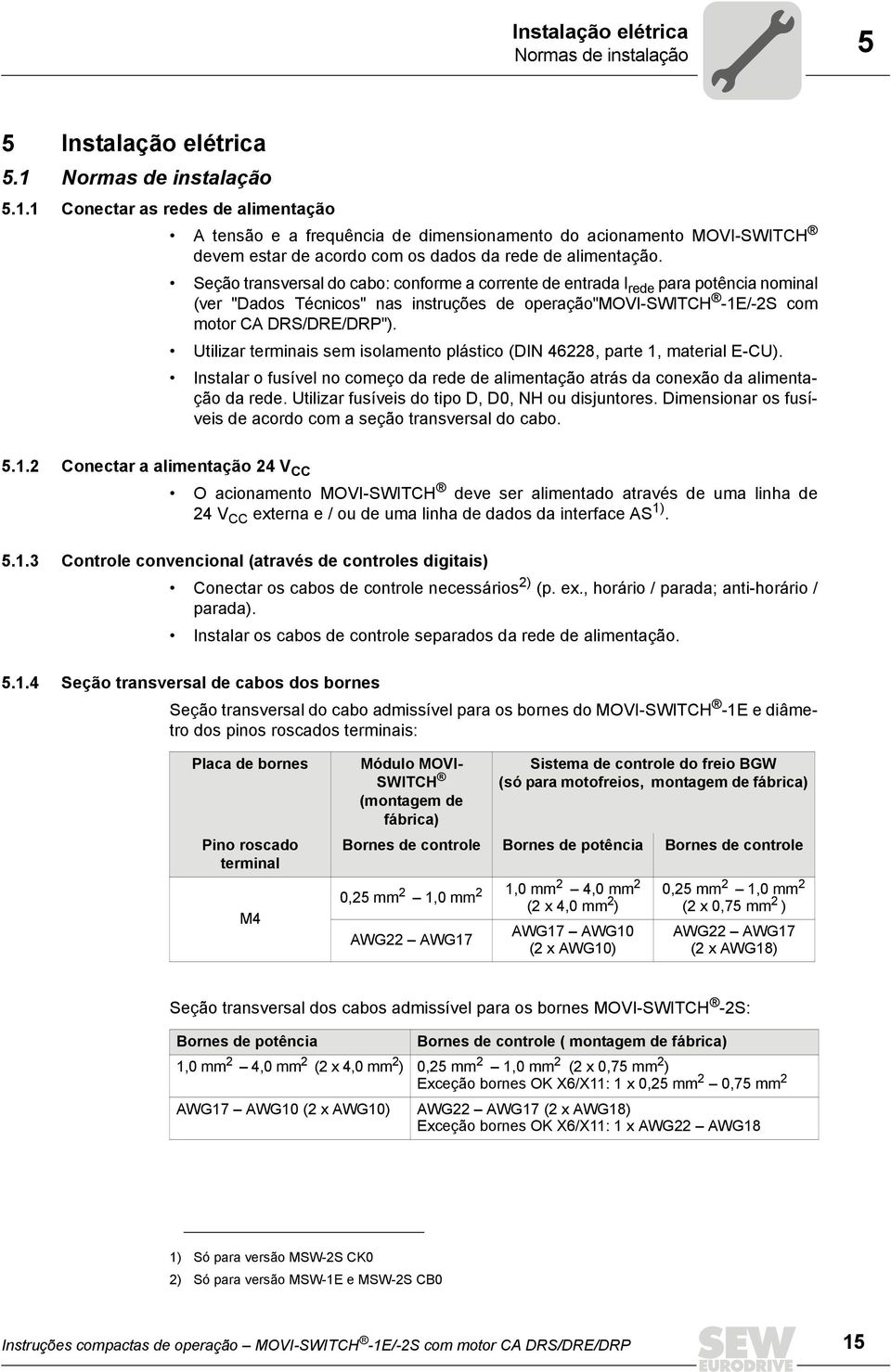 Seção transversal do cabo: conforme a corrente de entrada I rede para potência nominal (ver "Dados Técnicos" nas instruções de operação"movi-switch -1E/-2S com motor CA DRS/DRE/DRP").