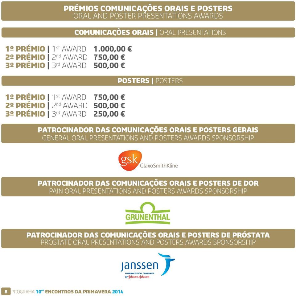 ORAL PRESENTATIONS POSTERS POSTERS PATROCINADOR DAS COMUNICAÇÕES ORAIS E POSTERS GERAIS GENERAL ORAL PRESENTATIONS AND POSTERS AWARDS SPONSORSHIP PATROCINADOR DAS