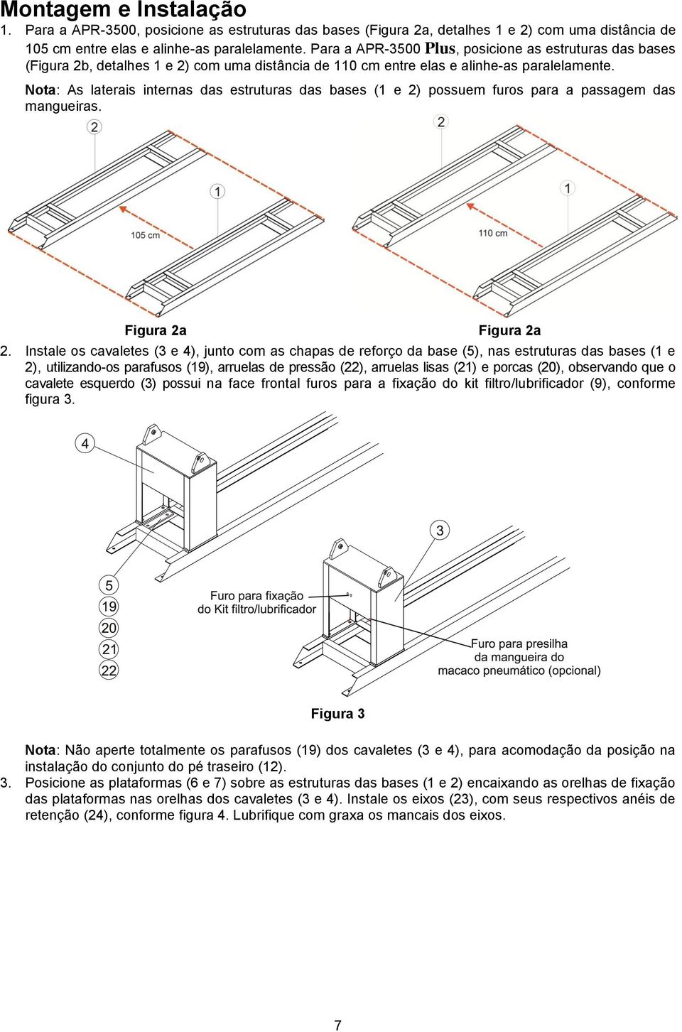 Nota: As laterais internas das estruturas das bases (1 e 2) possuem furos para a passagem das mangueiras. Figura 2a Figura 2a 2.