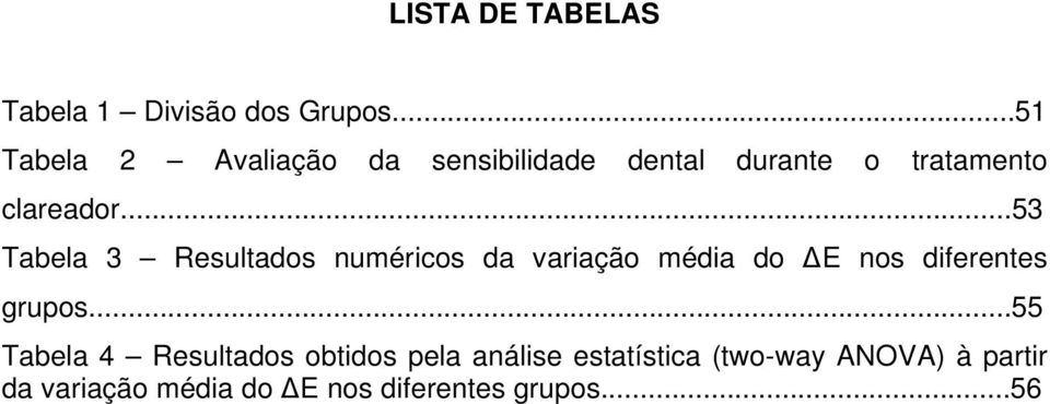 ..53 Tabela 3 Resultados numéricos da variação média do ΔE nos diferentes grupos.