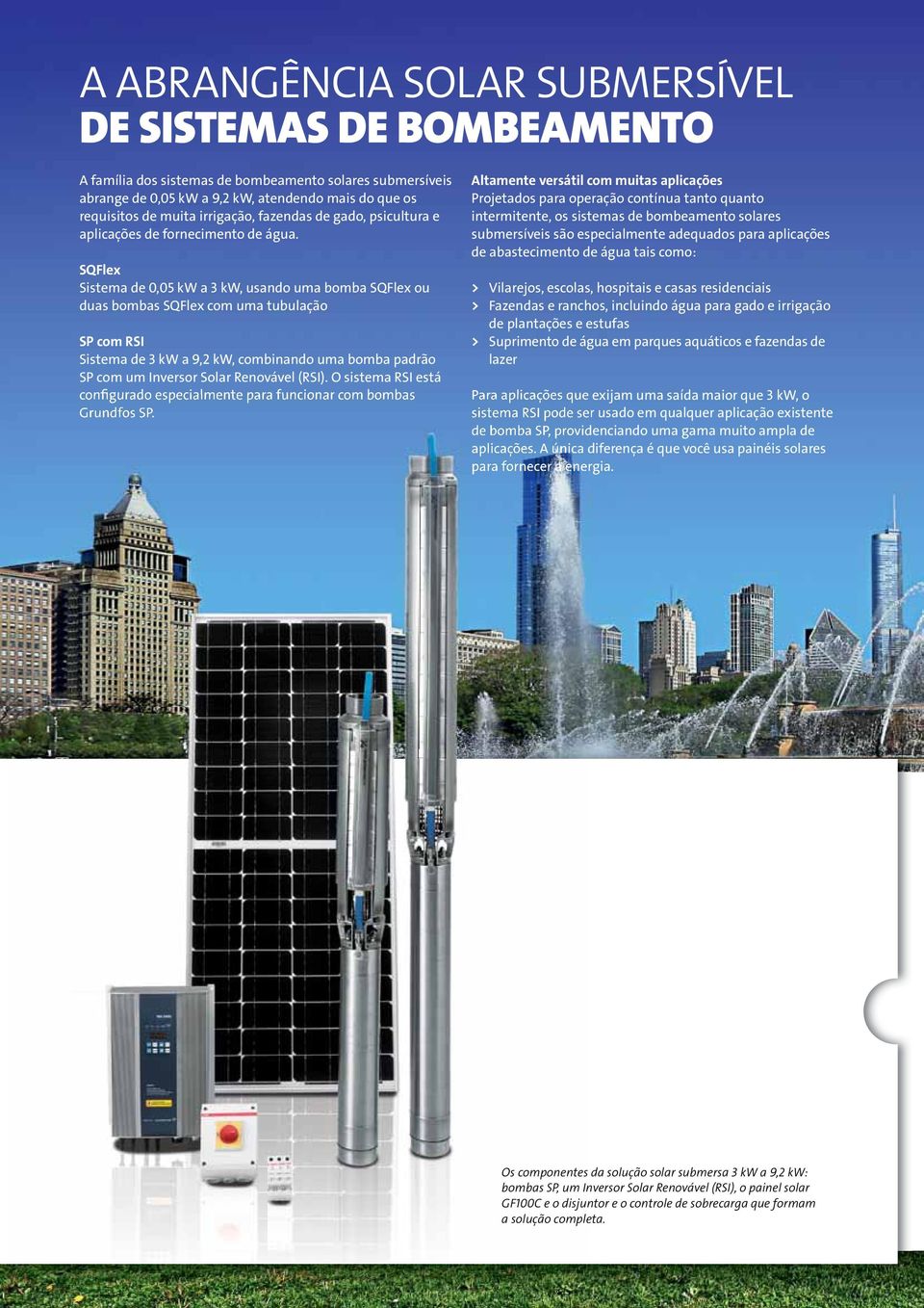 SQFlex Sistema de 0,05 kw a 3 kw, usando uma bomba SQFlex ou duas bombas SQFlex com uma tubulação SP com rsi Sistema de 3 kw a 9,2 kw, combinando uma bomba padrão SP com um Inversor Solar Renovável