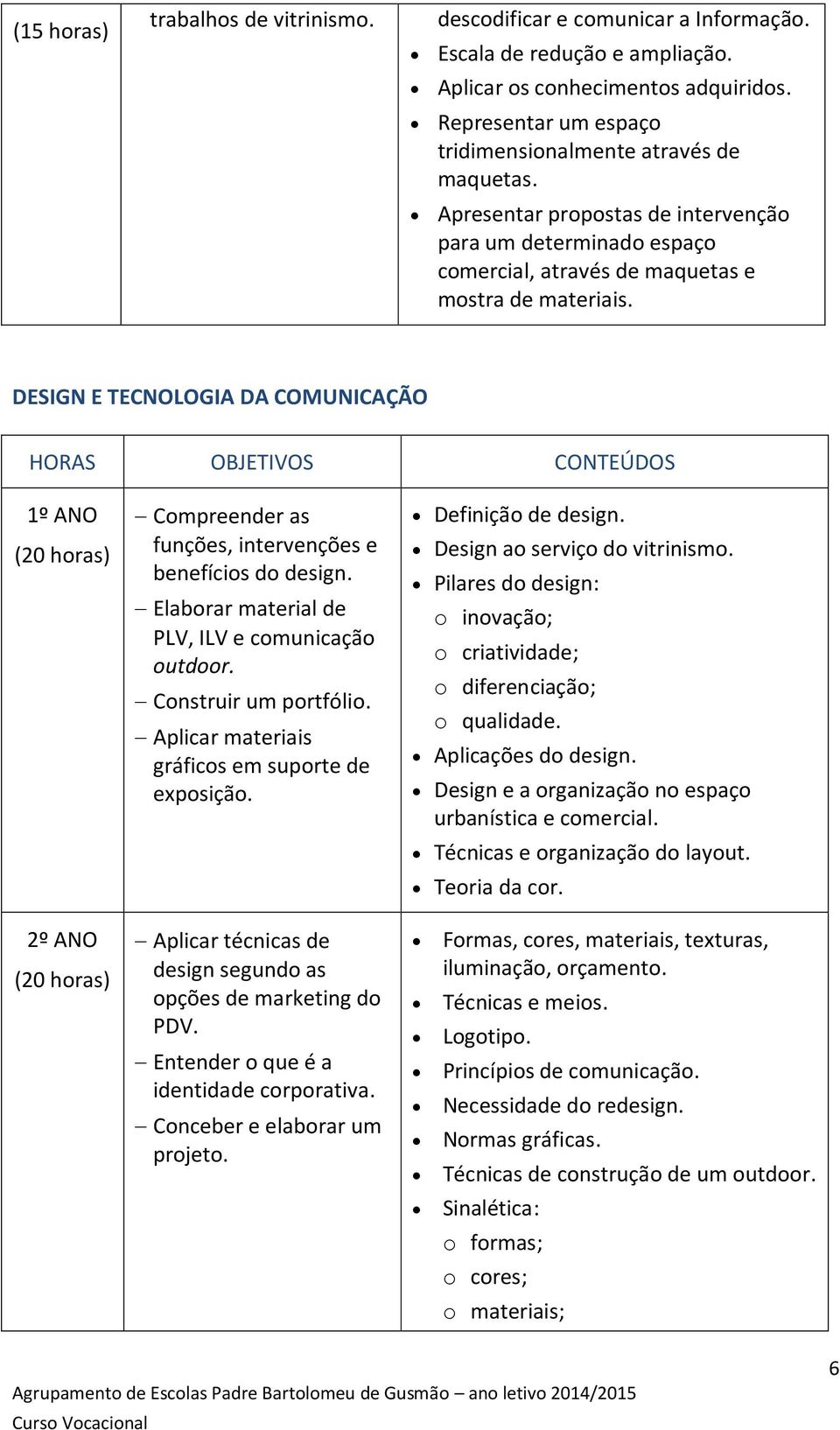 DESIGN E TECNOLOGIA DA COMUNICAÇÃO HORAS OBJETIVOS CONTEÚDOS 1º ANO (20 horas) Compreender as funções, intervenções e benefícios do design. Elaborar material de PLV, ILV e comunicação outdoor.