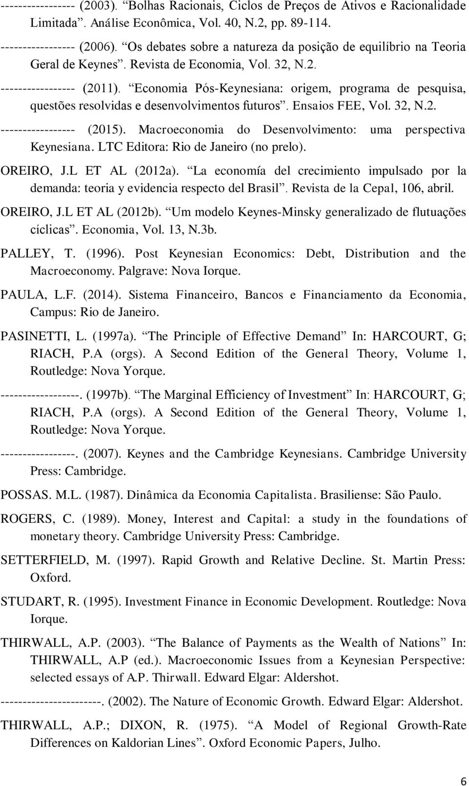 Economia Pós-Keynesiana: origem, programa de pesquisa, questões resolvidas e desenvolvimentos futuros. Ensaios FEE, Vol. 32, N.2. ----------------- (2015).