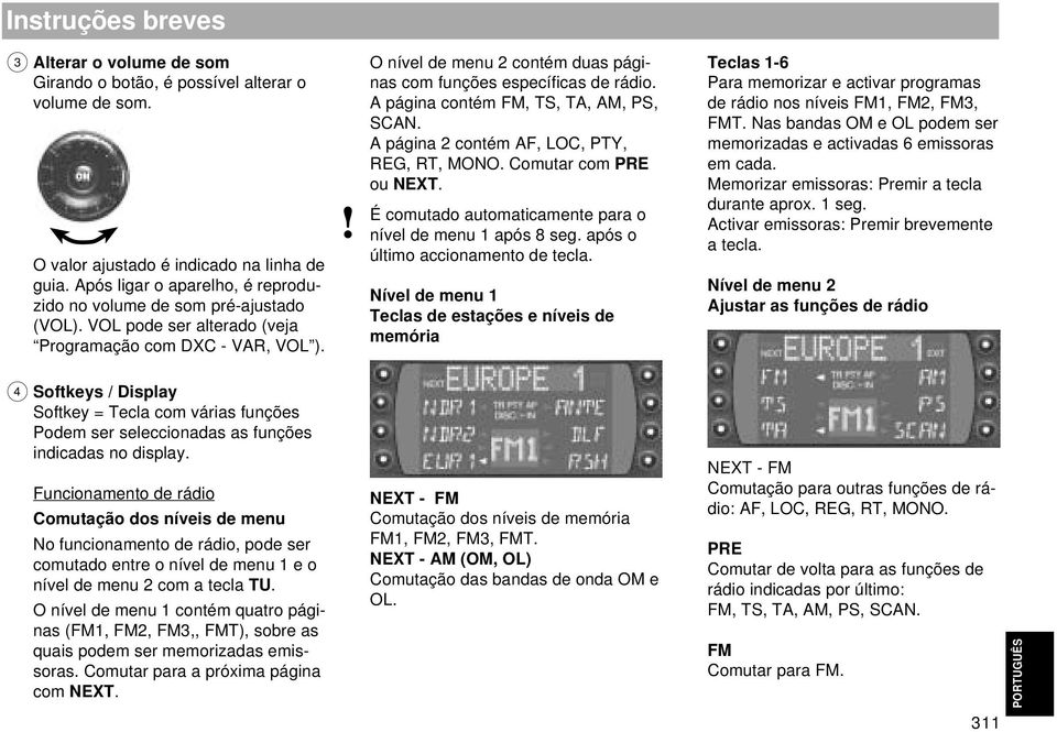 O nível de menu 2 contém duas páginas com funções específicas de rádio. A página contém FM, TS, TA, AM, PS, SCAN. A página 2 contém AF, LOC, PTY, REG, RT, MONO. Comutar com PRE ou NEXT.