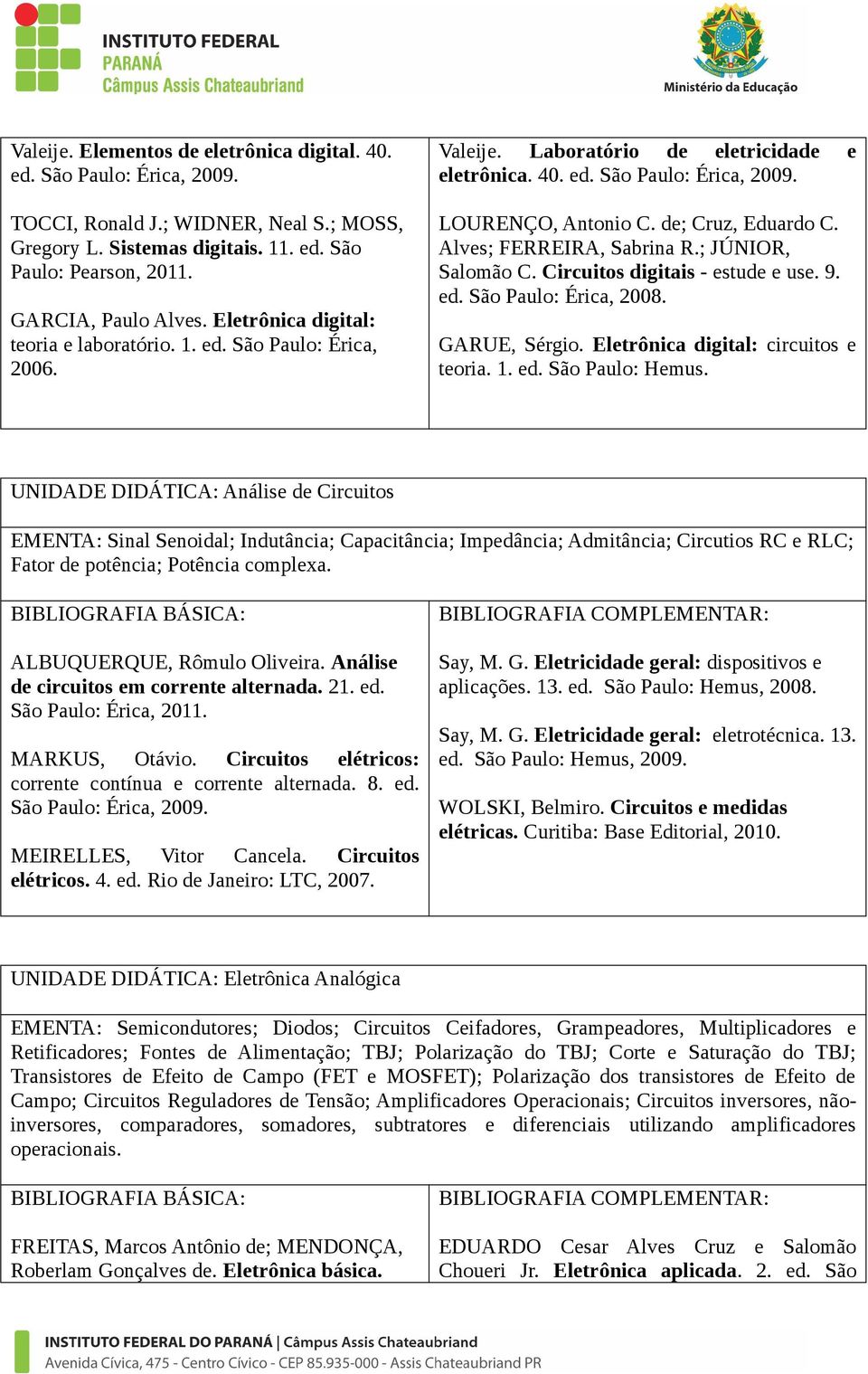 Alves; FERREIRA, Sabrina R.; JÚNIOR, Salomão C. Circuitos digitais - estude e use. 9. ed. São Paulo: Érica, 2008. GARUE, Sérgio. Eletrônica digital: circuitos e teoria. 1. ed. São Paulo: Hemus.