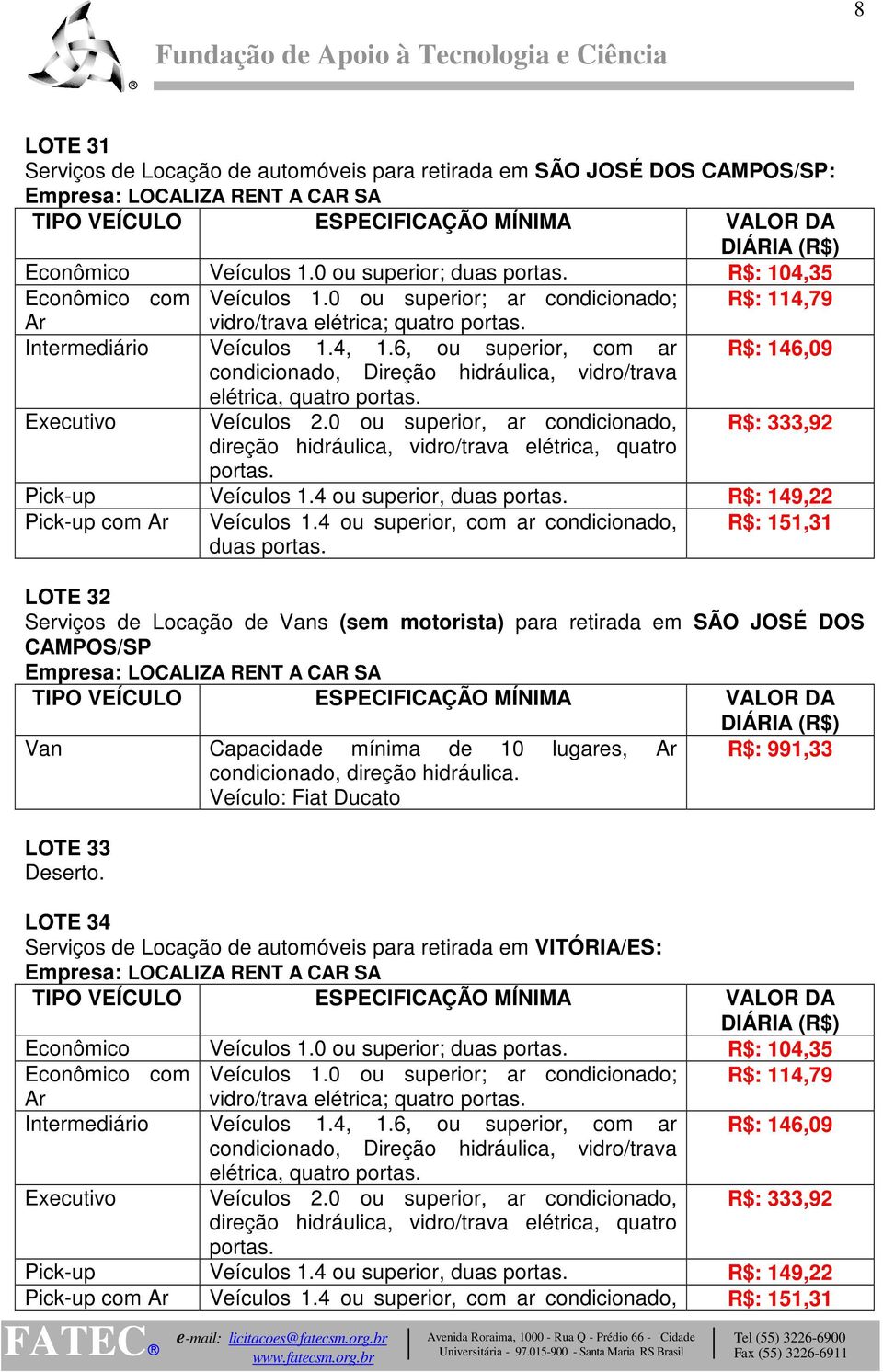 4 ou superior, com ar condicionado, LOTE 32 Serviços de Locação de Vans (sem motorista) para retirada em SÃO JOSÉ DOS CAMPOS/SP Van Capacidade mínima