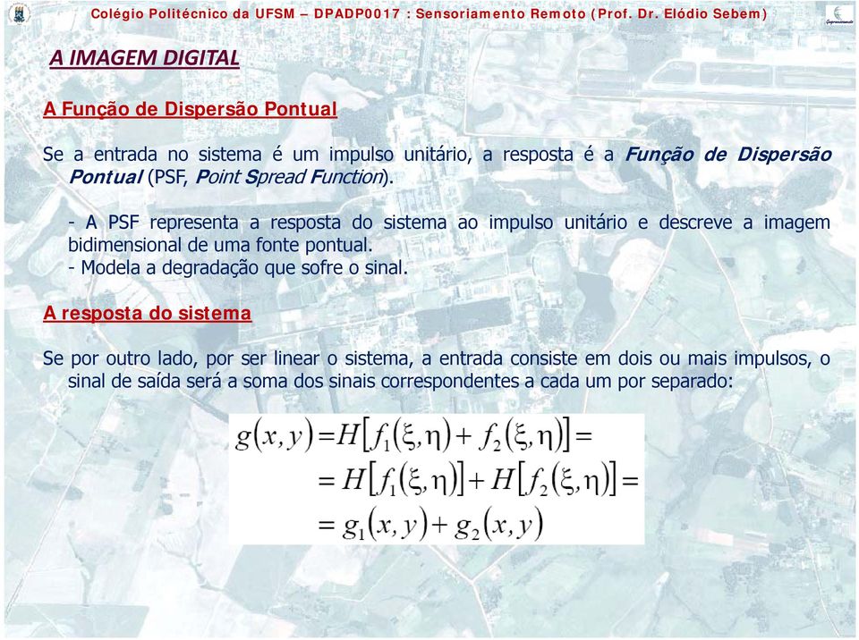 - A PSF representa a resposta do sistema ao impulso unitário e descreve a imagem bidimensionali de umafonte pontual.