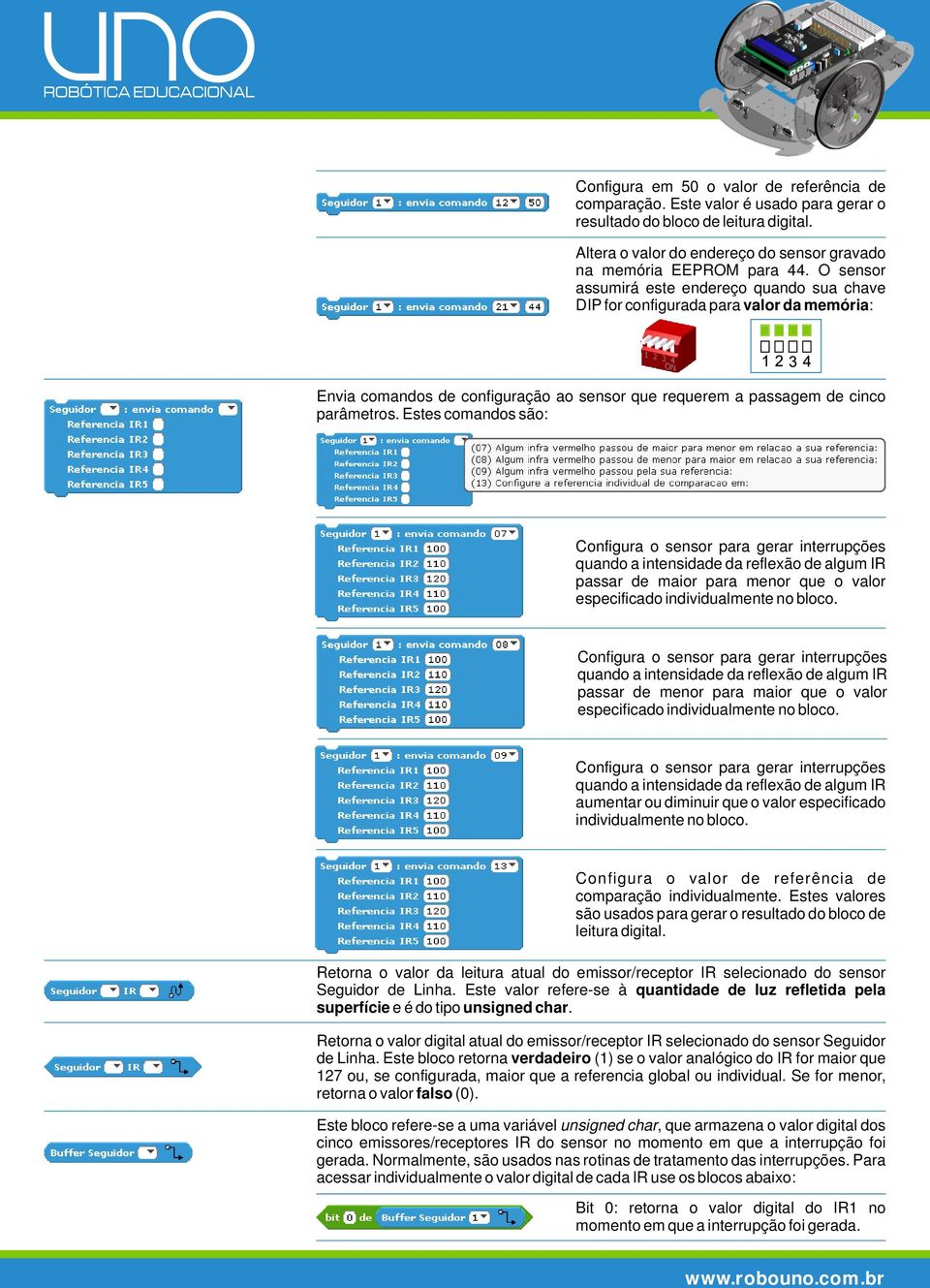 Estes comandos são: Configura o sensor para gerar interrupções quando a intensidade da reflexão de algum IR passar de maior para menor que o valor especificado individualmente no bloco.