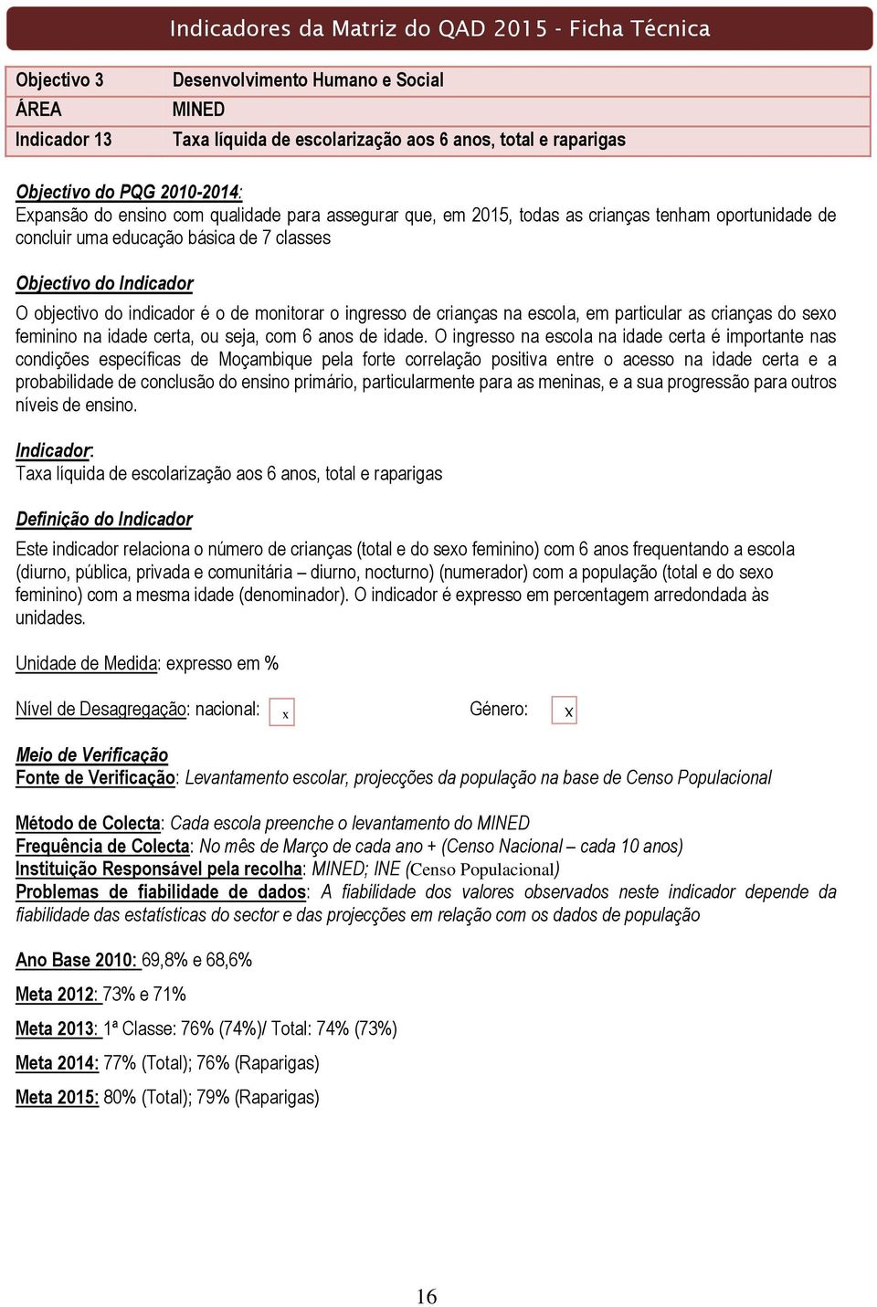 indicador é o de monitorar o ingresso de crianças na escola, em particular as crianças do sexo feminino na idade certa, ou seja, com 6 anos de idade.