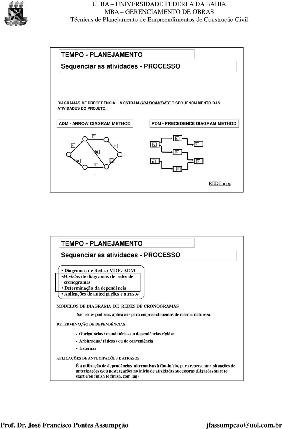 mpp TEMPO - PLNEJMENTO Sequenciar as atividades - PROCESSO Diagramas de Redes: MDP / DM Modelos de diagramas de redes de cronogramas Determinação da dependência plicações de antecipações e atrasos