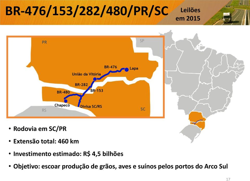 em SC/PR Extensão total: 460 km Investimento estimado: R$ 4,5 bilhões