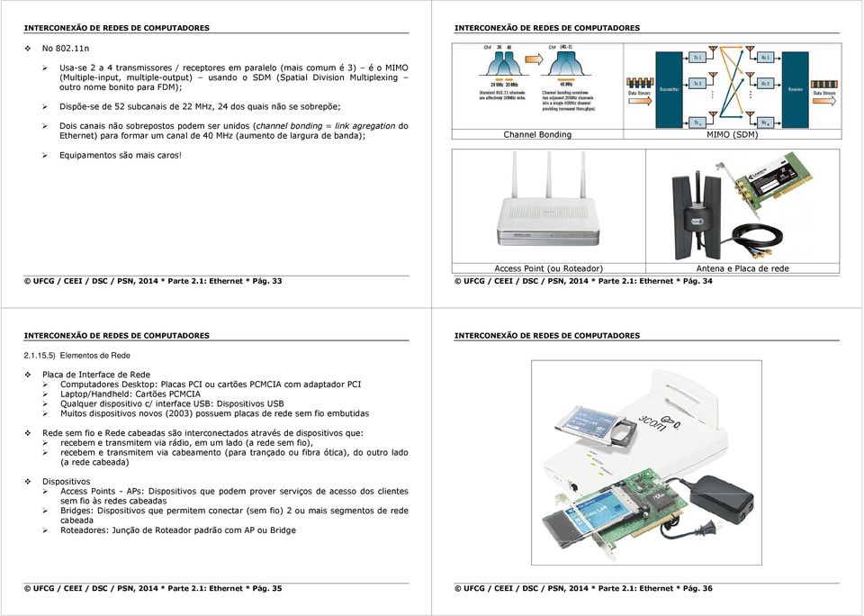 de 52 subcanais de 22 MHz, 24 dos quais não se sobrepõe; Dois canais não sobrepostos podem ser unidos (channel bonding = link agregation do Ethernet) para formar um canal de 40 MHz (aumento de