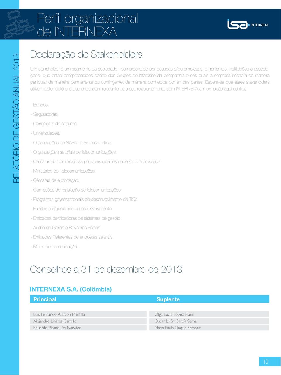 Espera-se que estes stakeholders utilizem este relatório e que encontrem relevante para seu relacionamento com INTERNEXA a informação aqui contida. - Bancos. - Seguradoras. - Corredores de seguros.