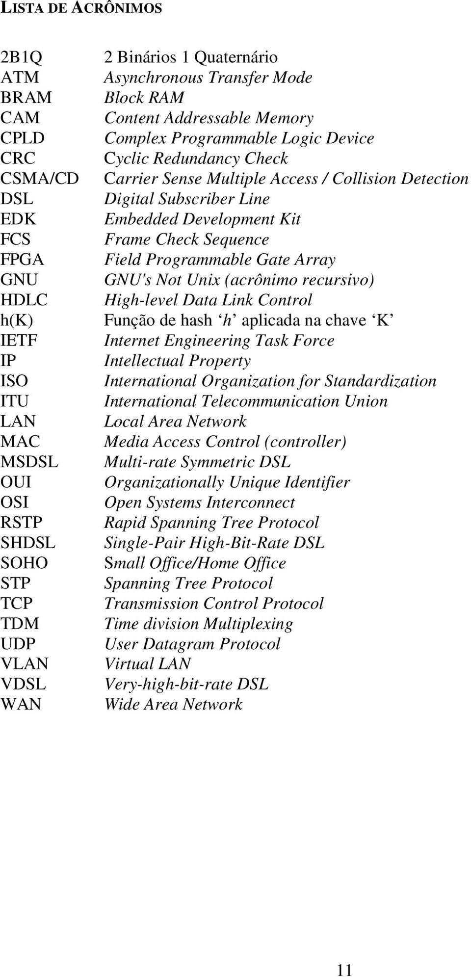 Embedded Development Kit Frame Check Sequence Field Programmable Gate Array GNU's Not Unix (acrônimo recursivo) High-level Data Link Control Função de hash h aplicada na chave K Internet Engineering