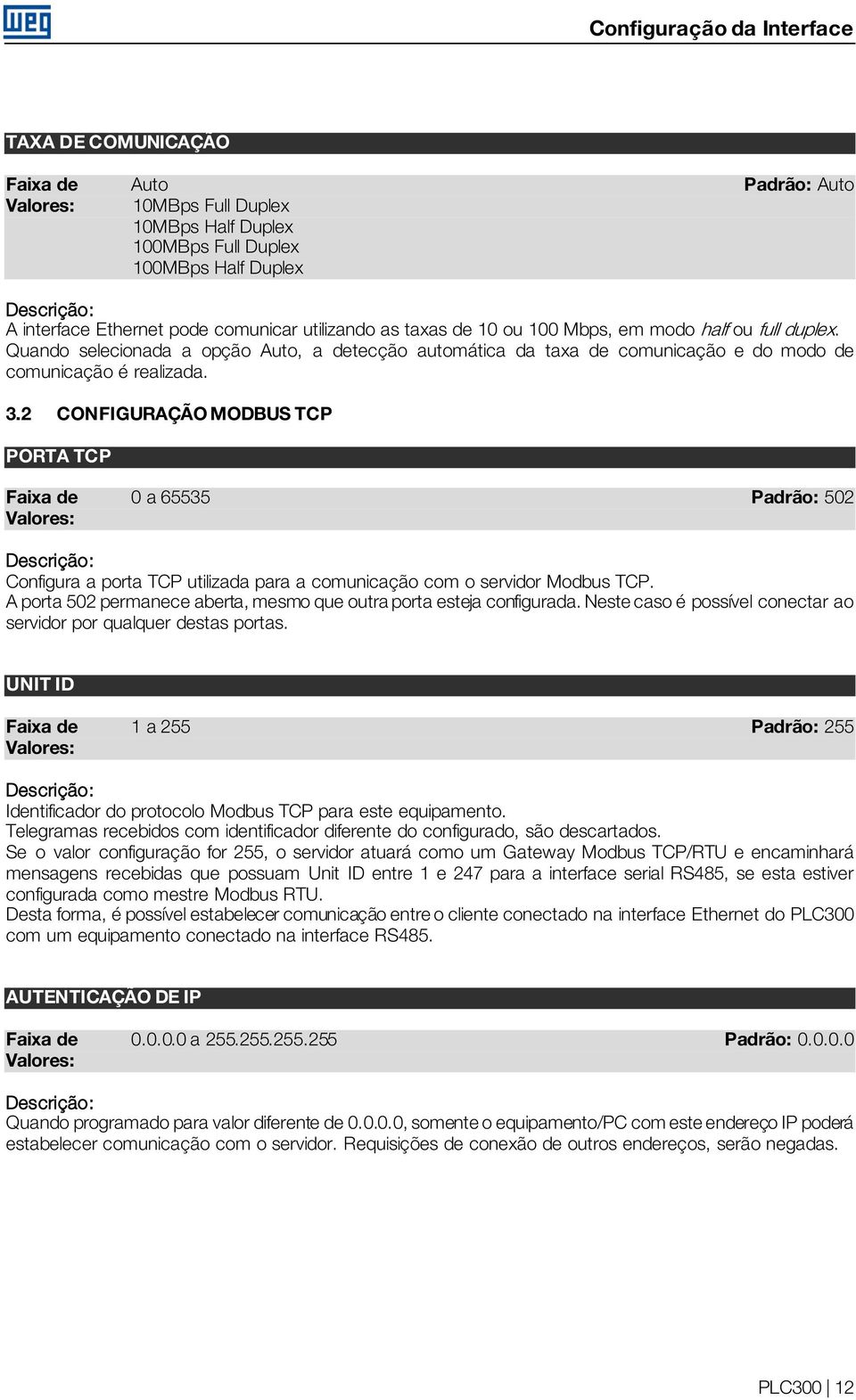 2 CONFIGURAÇÃO MODBUS TCP PORTA TCP Faixa de 0 a 65535 Padrão: 502 Valores: Descrição: Configura a porta TCP utilizada para a comunicação com o servidor Modbus TCP.