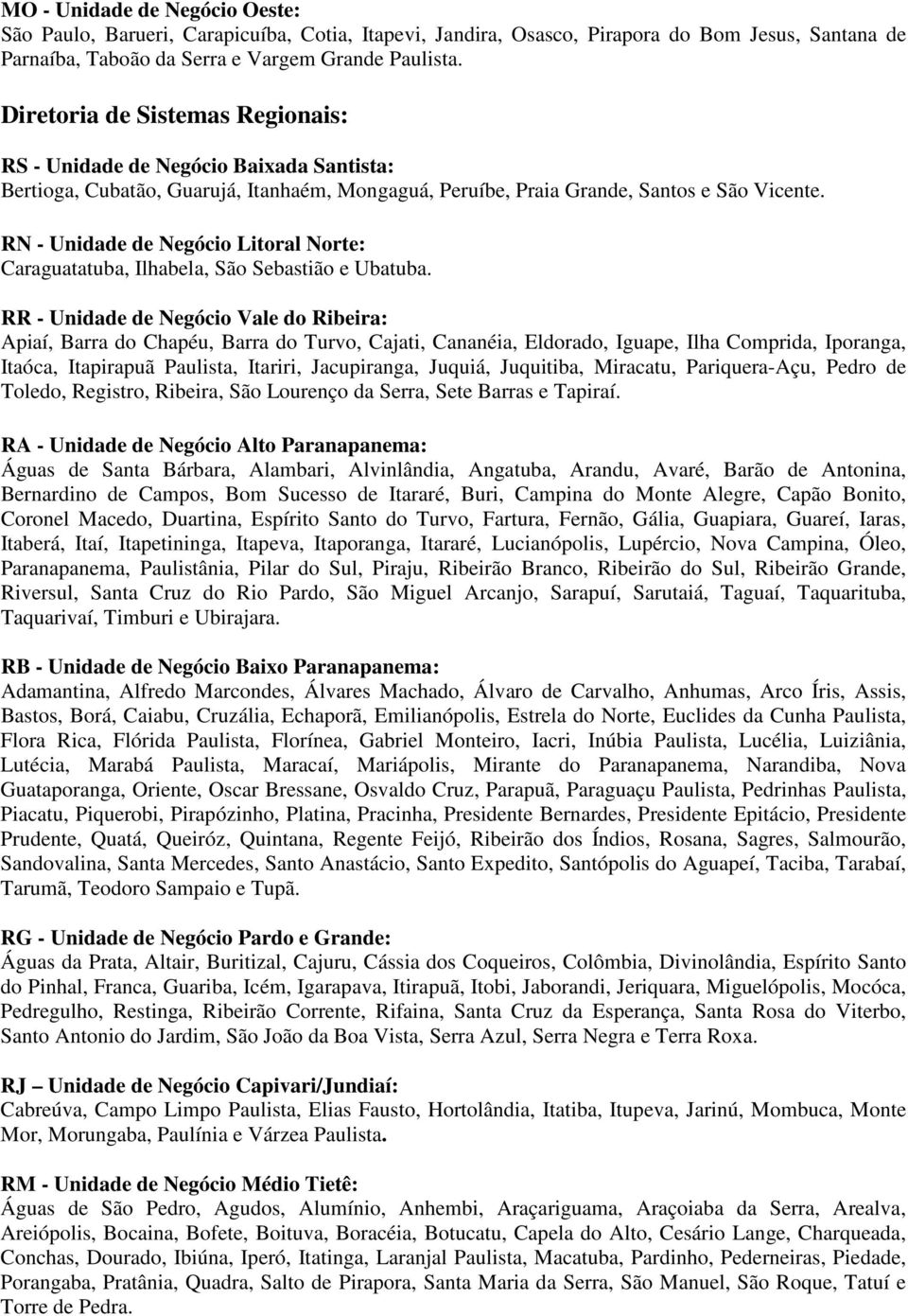 RN - Unidade de Negócio Litoral Norte: Caraguatatuba, Ilhabela, São Sebastião e Ubatuba.