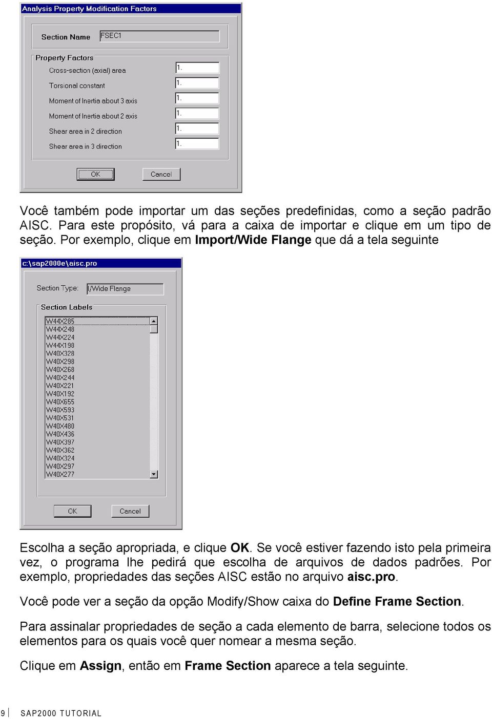 Se você estiver fazendo isto pela primeira vez, o programa lhe pedirá que escolha de arquivos de dados padrões. Por exemplo, propriedades das seções AISC estão no arquivo aisc.pro. Você pode ver a seção da opção Modify/Show caixa do Define Frame Section.