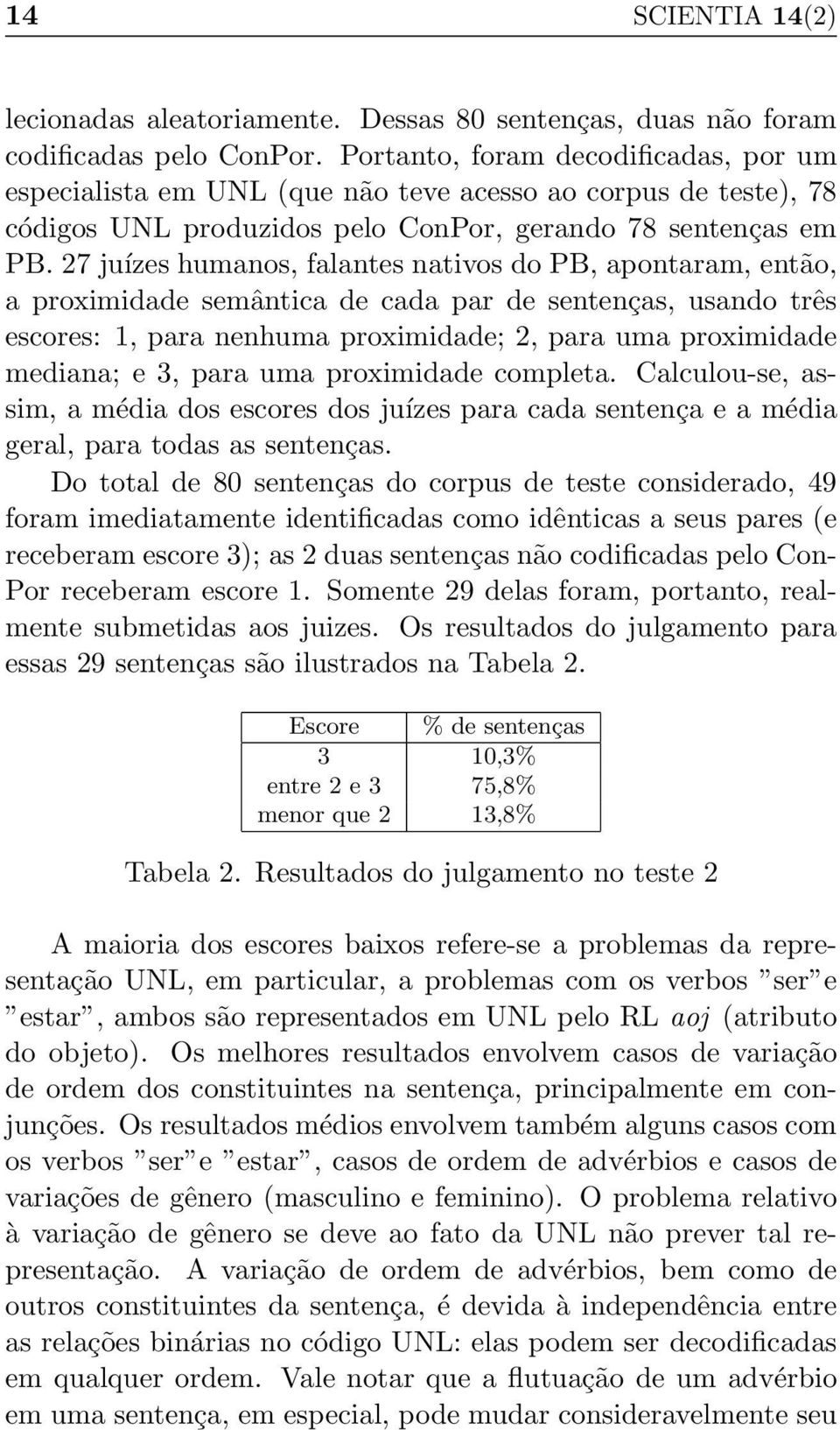 27 juízes humanos, falantes nativos do PB, apontaram, então, a proximidade semântica de cada par de sentenças, usando três escores: 1, para nenhuma proximidade; 2, para uma proximidade mediana; e 3,