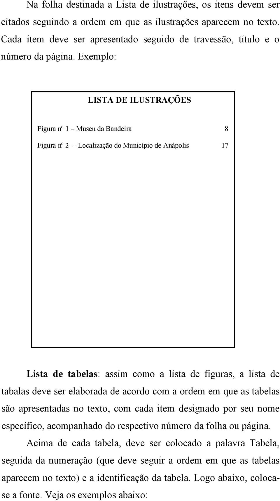 Exemplo: LISTA DE ILUSTRAÇÕES Figura nº 1 Museu da Bandeira 8 Figura nº 2 Localização do Município de Anápolis 17 Lista de tabelas: assim como a lista de figuras, a lista de tabalas deve ser