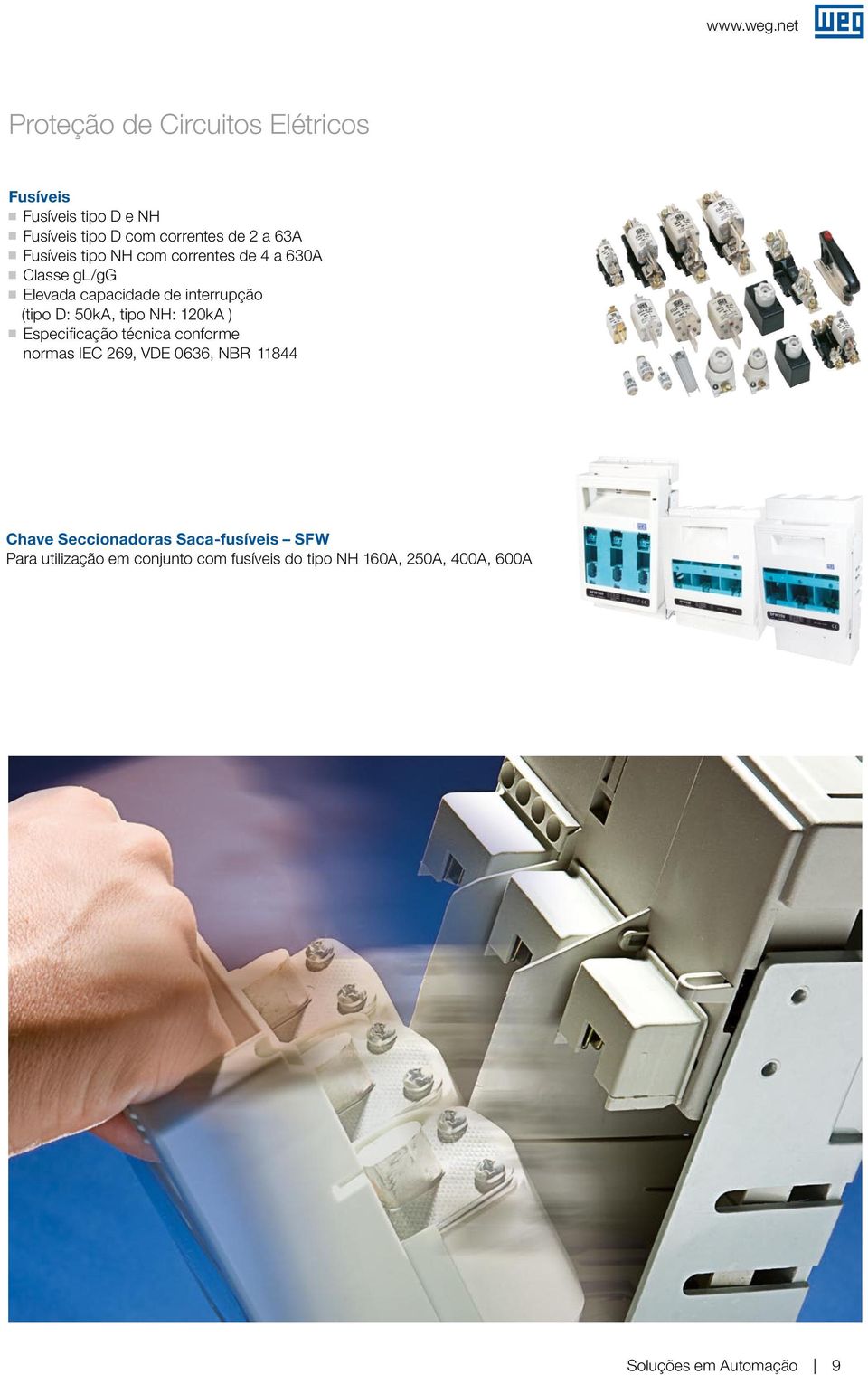 Fusíveis tipo NH com correntes de 4 a 630A Classe L/G Elevada capacidade de interrupção (tipo D: 50kA, tipo