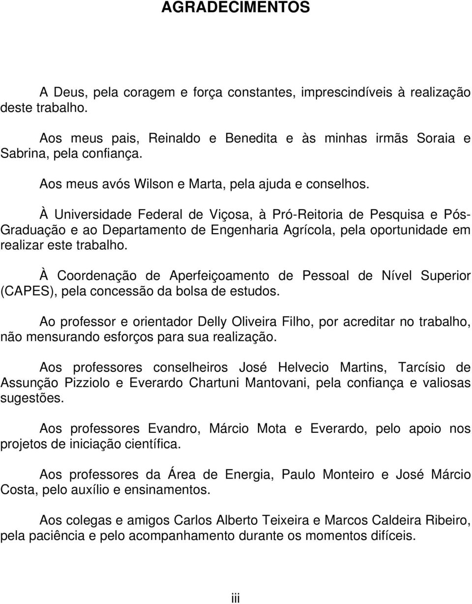 À Universidade Federal de Viçosa, à Pró-Reitoria de Pesquisa e Pós- Graduação e ao Departamento de Engenharia Agrícola, pela oportunidade em realizar este trabalho.