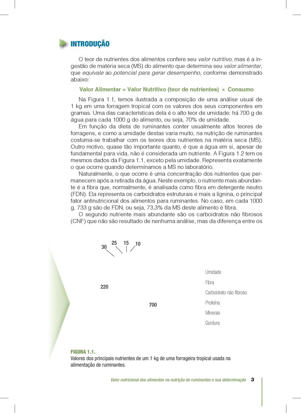 1, temos ilustrada a composição de uma análise usual de 1 kg em uma forragem tropical com os valores dos seus componentes em gramas.