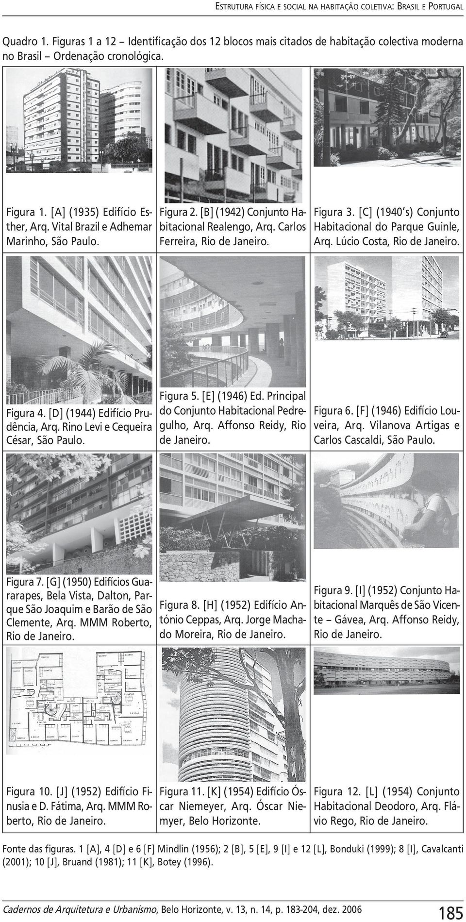 [C] (1940 s) Conjunto Habitacional do Parque Guinle, Arq. Lúcio Costa, Rio de Janeiro. Figura 4. [D] (1944) Edifício Prudência, Arq. Rino Levi e Cequeira César, São Paulo. Figura 5. [E] (1946) Ed.