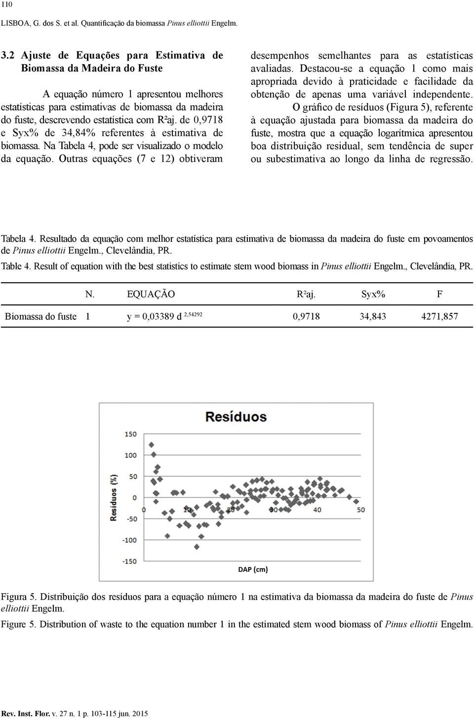 R²aj. de 0,9718 e Syx% de 34,84% referentes à estimativa de biomassa. Na Tabela 4, pode ser visualizado o modelo da equação.