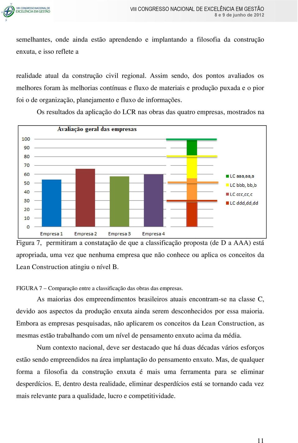 Os resultados da aplicação do LCR nas obras das quatro empresas, mostrados na Figura 7, permitiram a constatação de que a classificação proposta (de D a AAA) está apropriada, uma vez que nenhuma