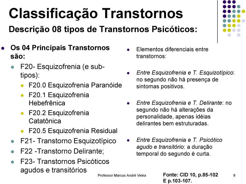 5 Esquizofrenia Residual F21- Transtorno Esquizotípico F22 -Transtorno Delirante; F23- Transtornos Psicóticos agudos e transitórios Elementos diferenciais entre transtornos: Entre Esquizofrenia e T.