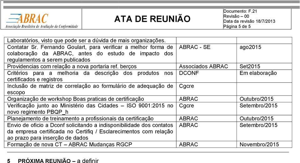 berços Associados ABRAC Set2015 Critérios para a melhoria da descrição dos produtos nos DCONF Em elaboração certificados e registros Inclusão de matriz de correlação ao formulário de adequação de