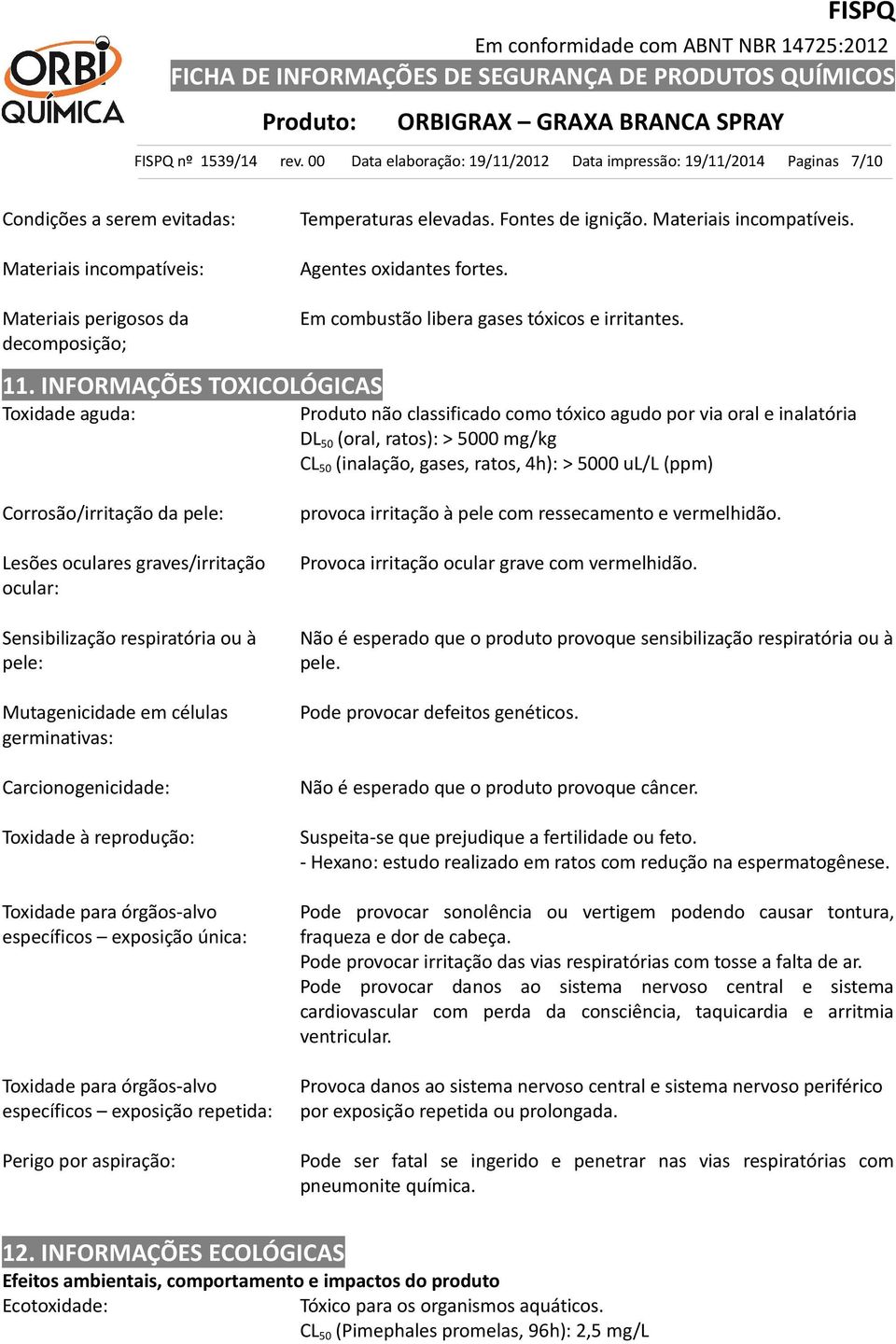 Produto não classificado como tóxico agudo por via oral e inalatória DL 50 (oral, ratos): > 5000 mg/kg CL 50 (inalação, gases, ratos, 4h): > 5000 ul/l (ppm) Corrosão/irritação da pele: Lesões