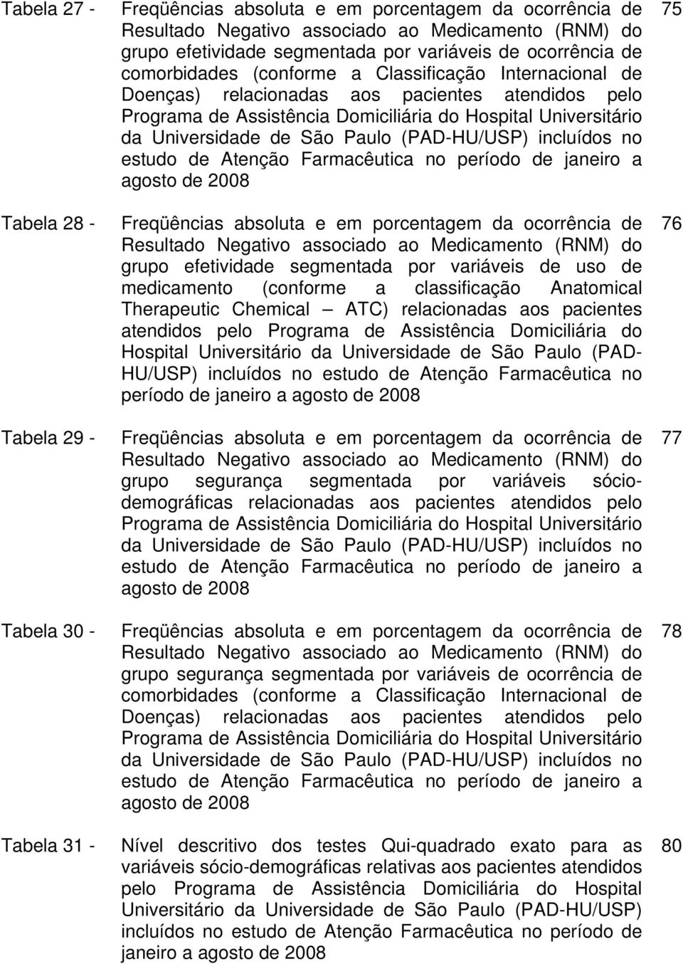 Universitário da Universidade de São Paulo (PAD-HU/USP) incluídos no estudo de Atenção Farmacêutica no período de janeiro a agosto de 2008 Freqüências absoluta e em porcentagem da ocorrência de