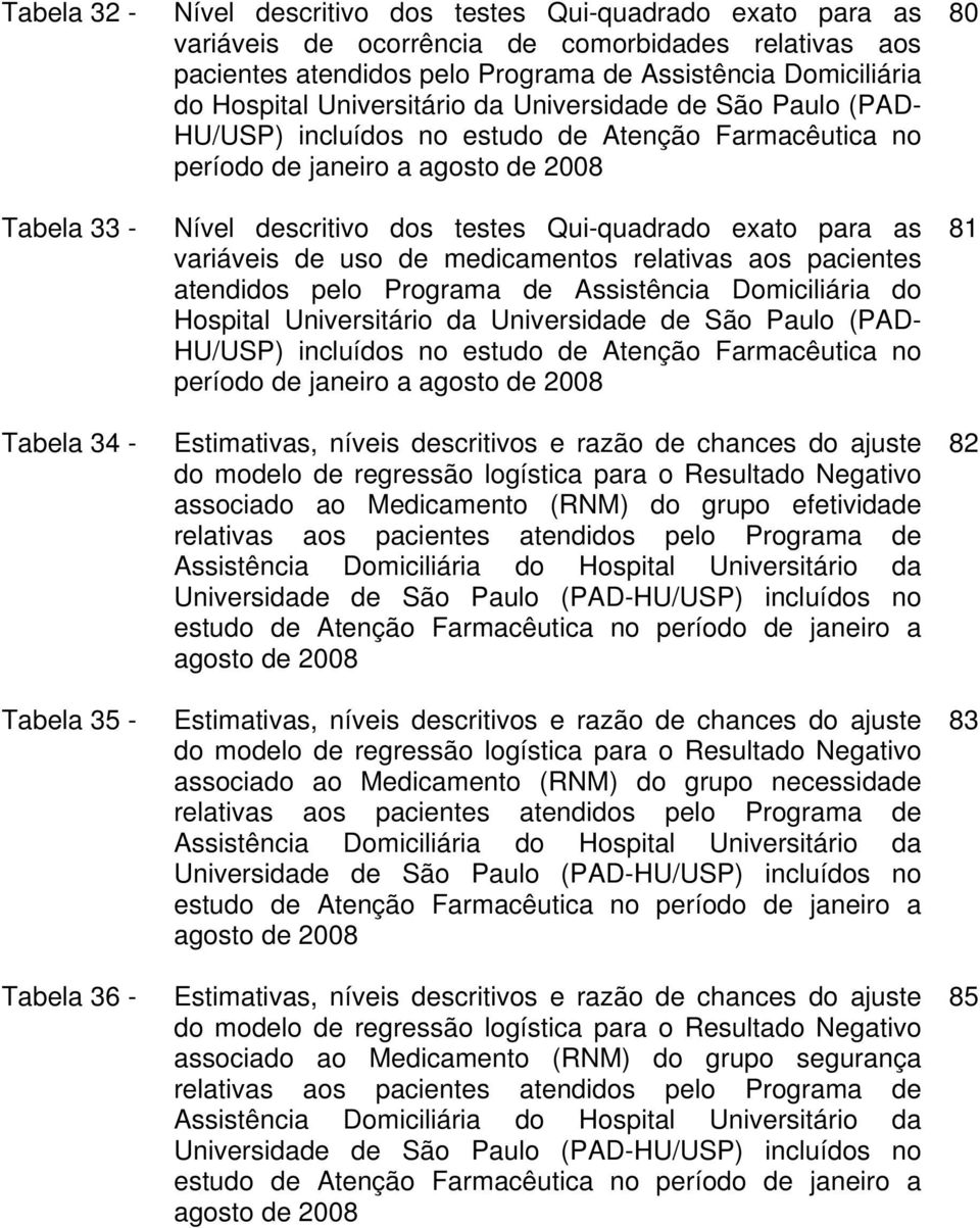 descritivo dos testes Qui-quadrado exato para as variáveis de uso de medicamentos relativas aos pacientes atendidos pelo Programa de Assistência Domiciliária do Hospital Universitário da Universidade