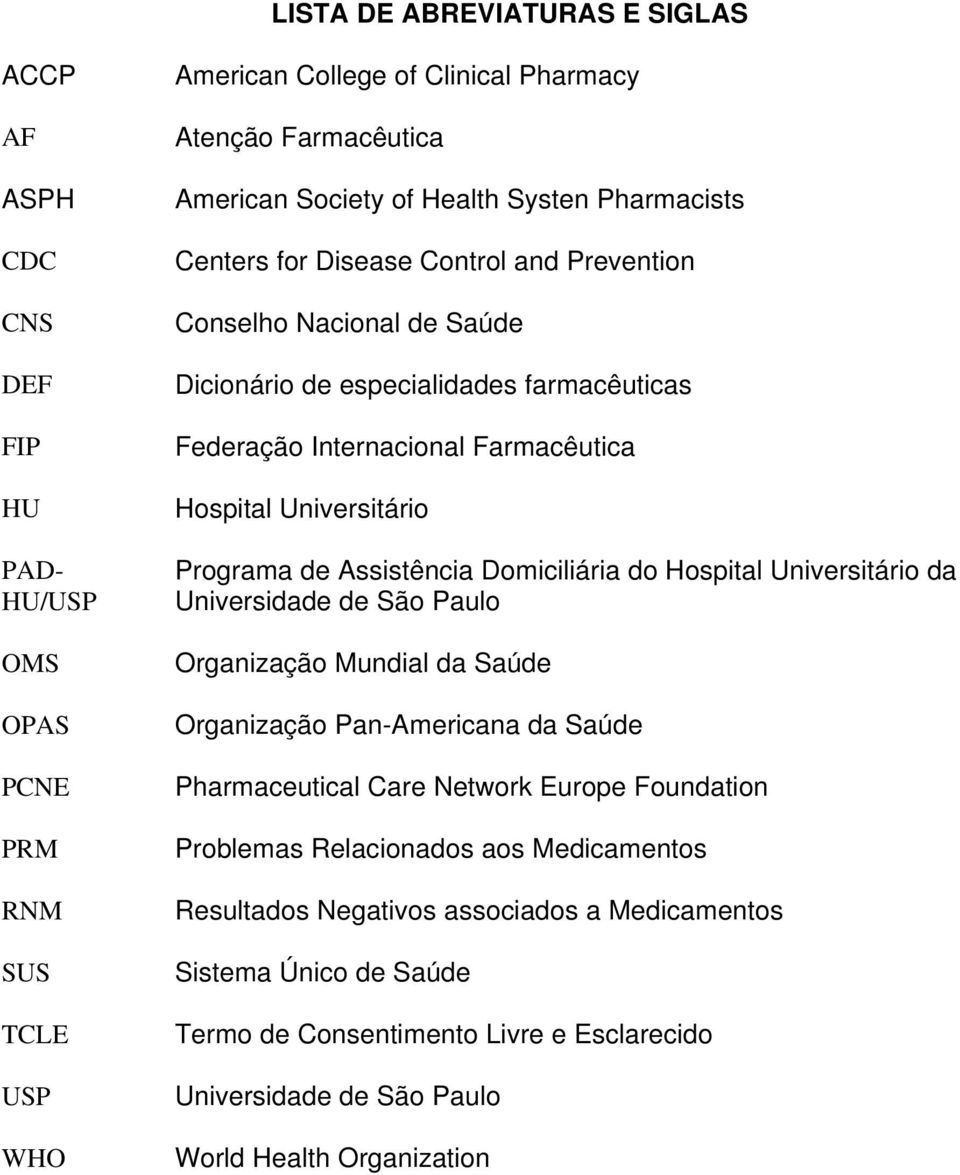Programa de Assistência Domiciliária do Hospital Universitário da Universidade de São Paulo Organização Mundial da Saúde Organização Pan-Americana da Saúde Pharmaceutical Care Network Europe