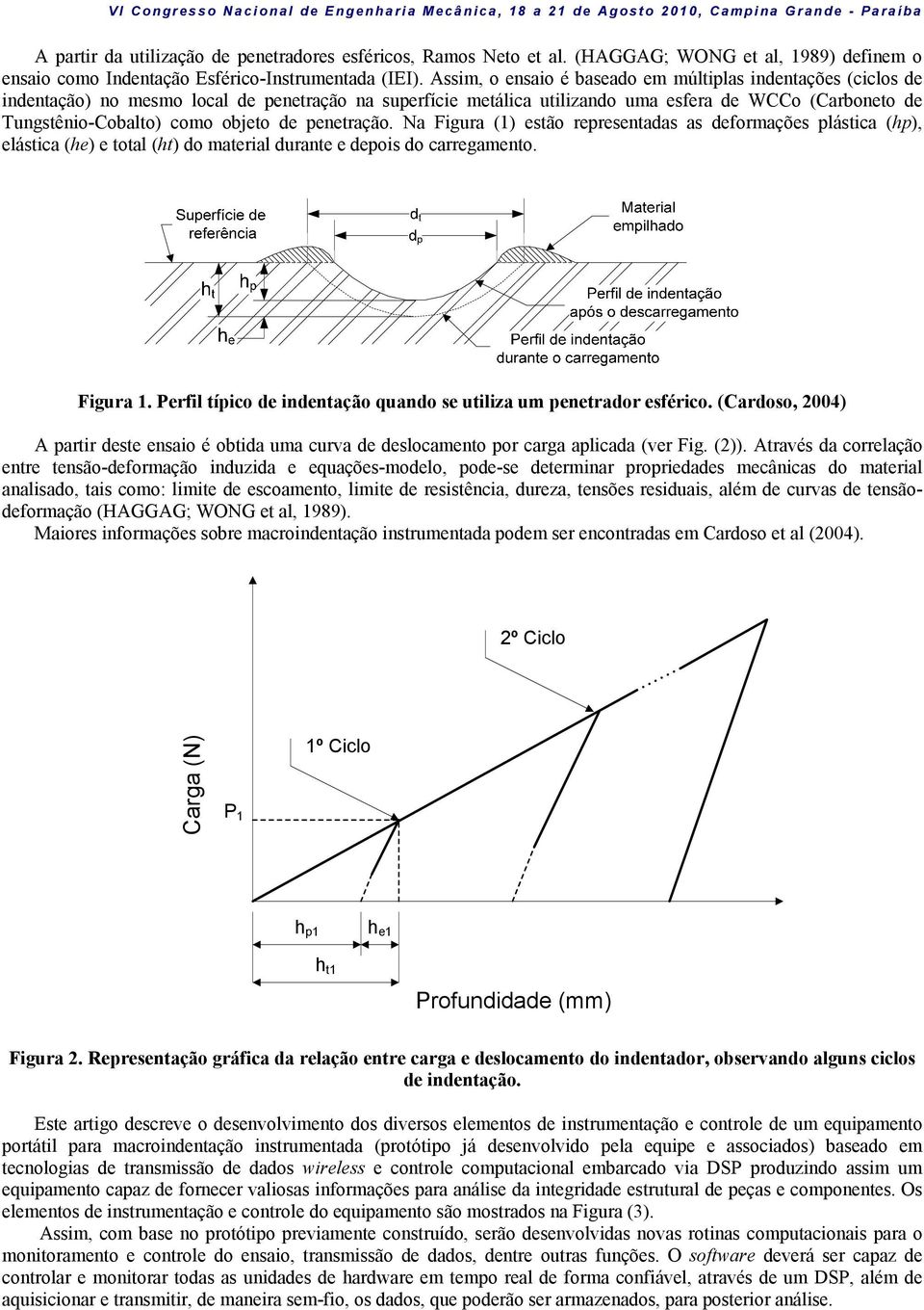 objeto de penetração. Na Figura (1) estão representadas as deformações plástica (hp), elástica (he) e total (ht) do material durante e depois do carregamento. Figura 1.