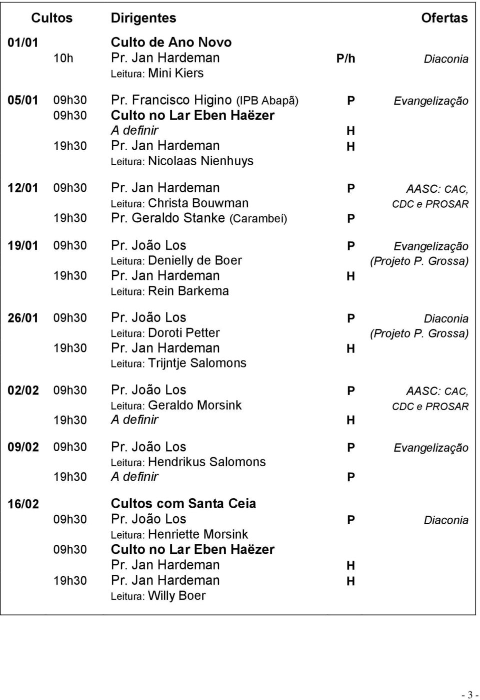 Jan Hardeman P AASC: CAC, Leitura: Christa Bouwman CDC e PROSAR 19h30 Pr. Geraldo Stanke (Carambeí) P 19/01 09h30 Pr. João Los P Evangelização Leitura: Denielly de Boer (Projeto P. Grossa) 19h30 Pr.