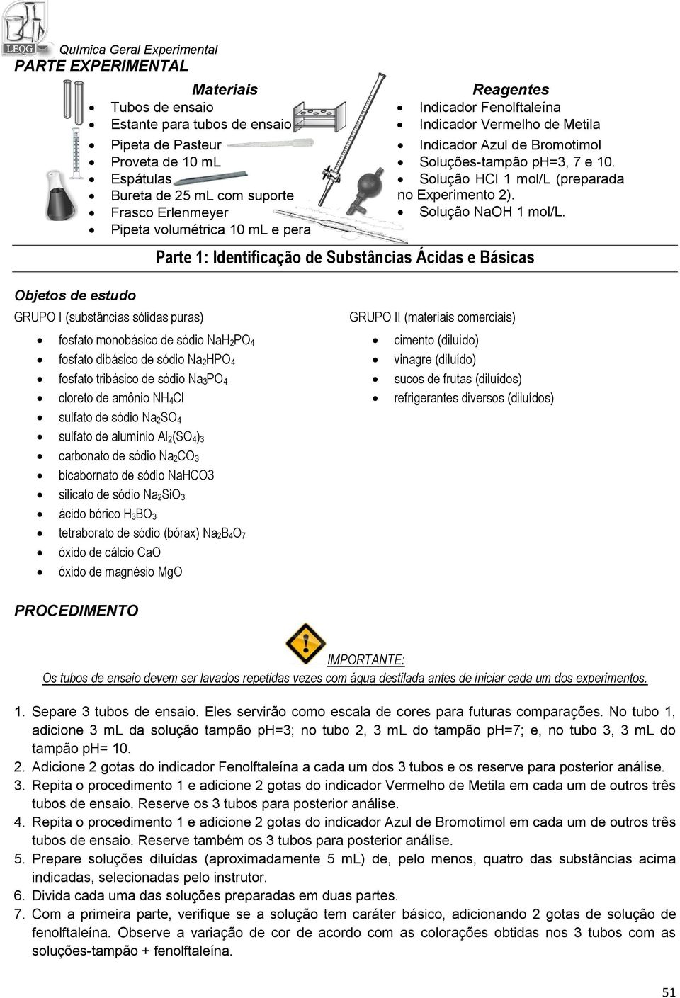 Parte 1: Identificação de Substâncias Ácidas e Básicas Objetos de estudo GRUPO I (substâncias sólidas puras) fosfato monobásico de sódio NaH 2PO 4 fosfato dibásico de sódio Na 2HPO 4 fosfato