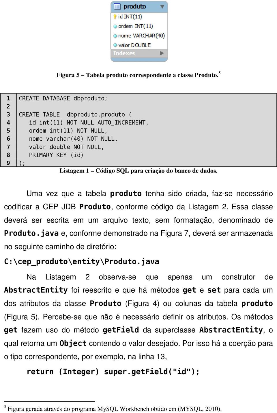 dados. Uma vez que a tabela produto tenha sido criada, faz-se necessário codificar a CEP JDB Produto, conforme código da Listagem 2.