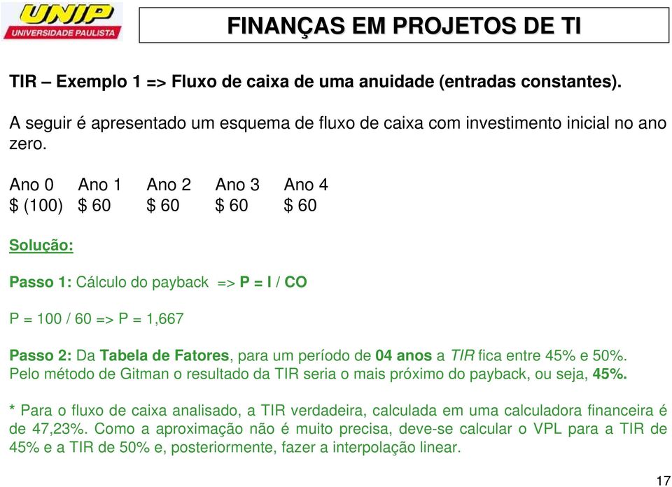 período de 04 anos a TIR fica entre 45% e 50%. Pelo método de Gitman o resultado da TIR seria o mais próximo do payback, ou seja, 45%.