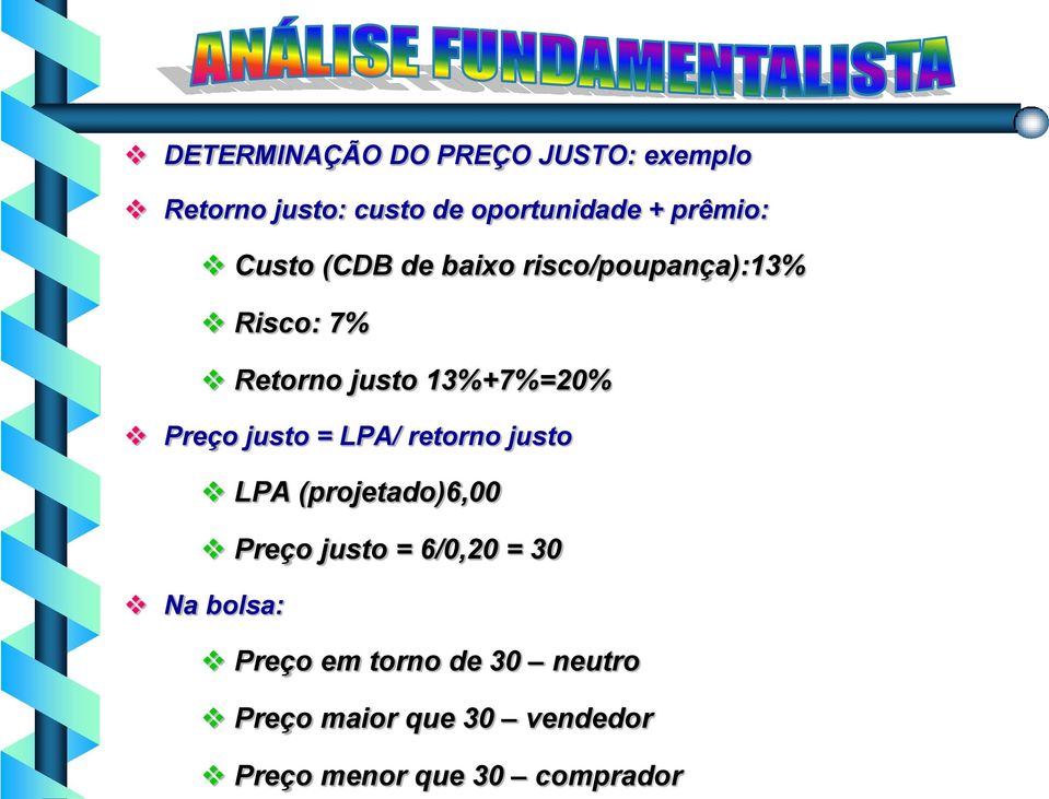 Preço justo = LPA/ retorno justo LPA (projetado)6,00 Preço justo = 6/0,20 = 30 Na