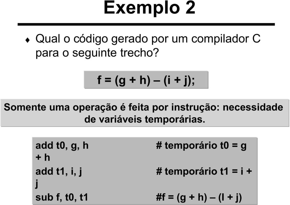 f = (g + h) (i + j); Somente uma operação é feita por instrução: