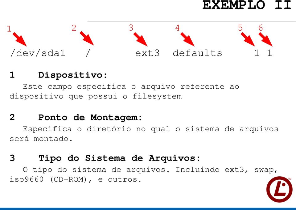 Montagem: Especifica o diretório no qual o sistema de arquivos será montado.