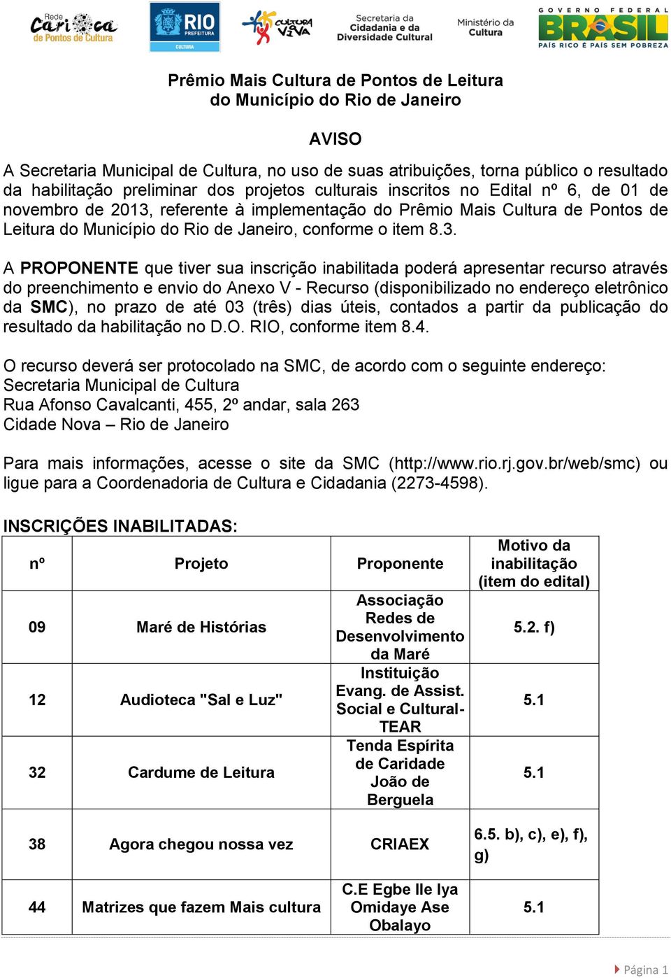 referente à implementação do Prêmio Mais Cultura de Pontos de Leitura do Município do Rio de Janeiro, conforme o item 8.3.