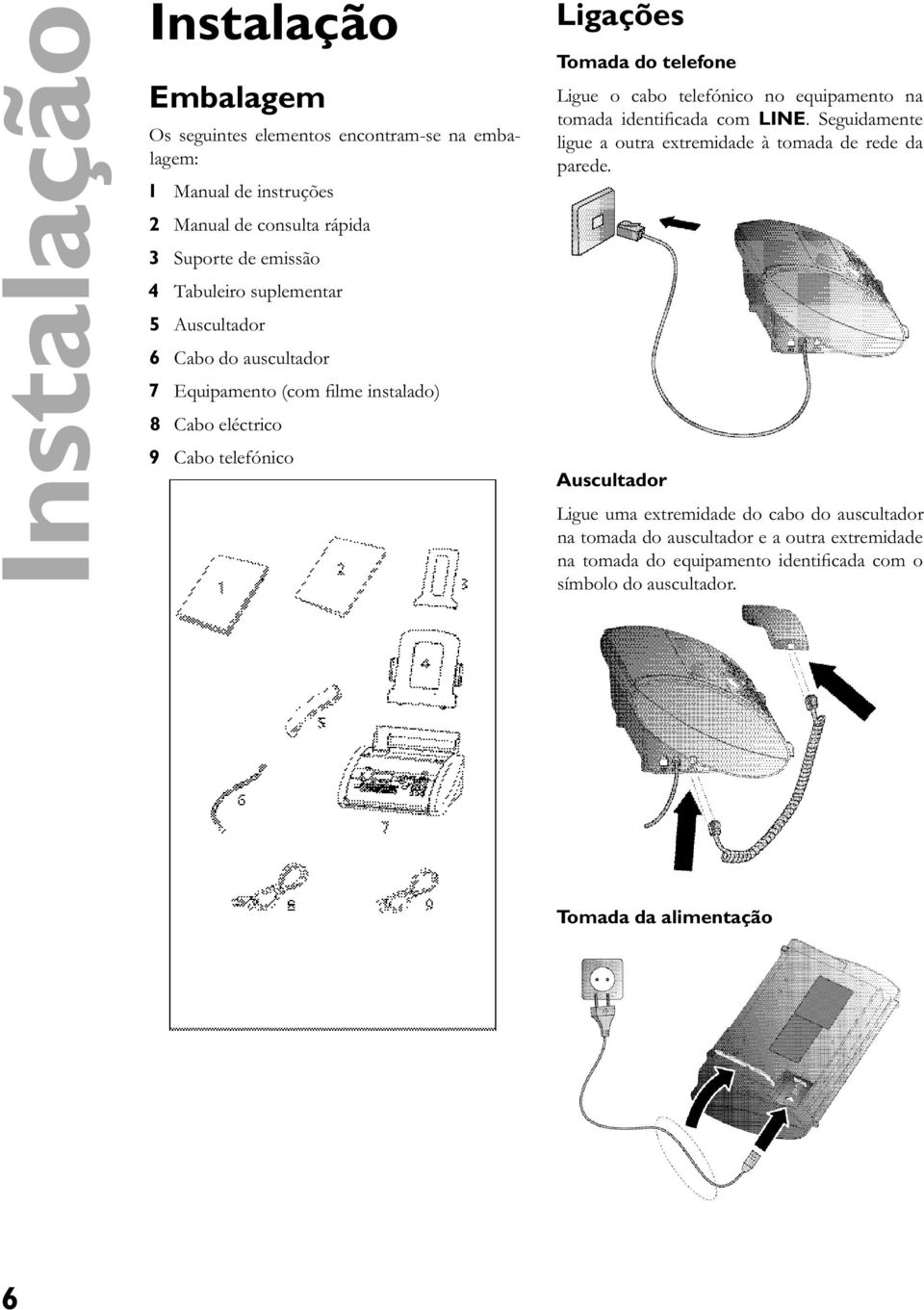 Ligue o cabo telefónico no equipamento na tomada identificada com LINE. Seguidamente ligue a outra extremidade à tomada de rede da parede.